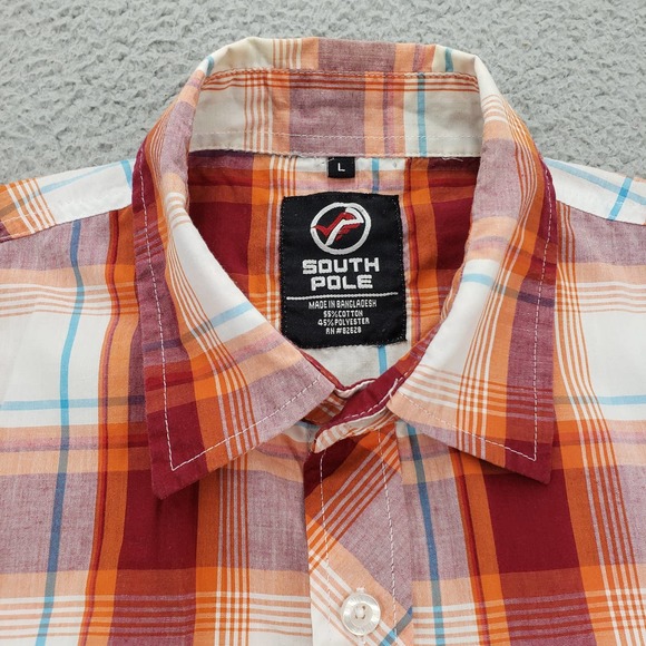 South Pole Shirt Mens Large Orange Button Up Short Sleeve Casual Plaid Pockets‎ - Picture 3 of 13